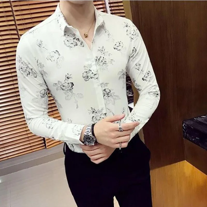 New Summer Korean Style Simplicity Loose Casual Retro Lapel Collar Elegant Fashion Men Shirt Print Button Long Sleeve Chic Tops