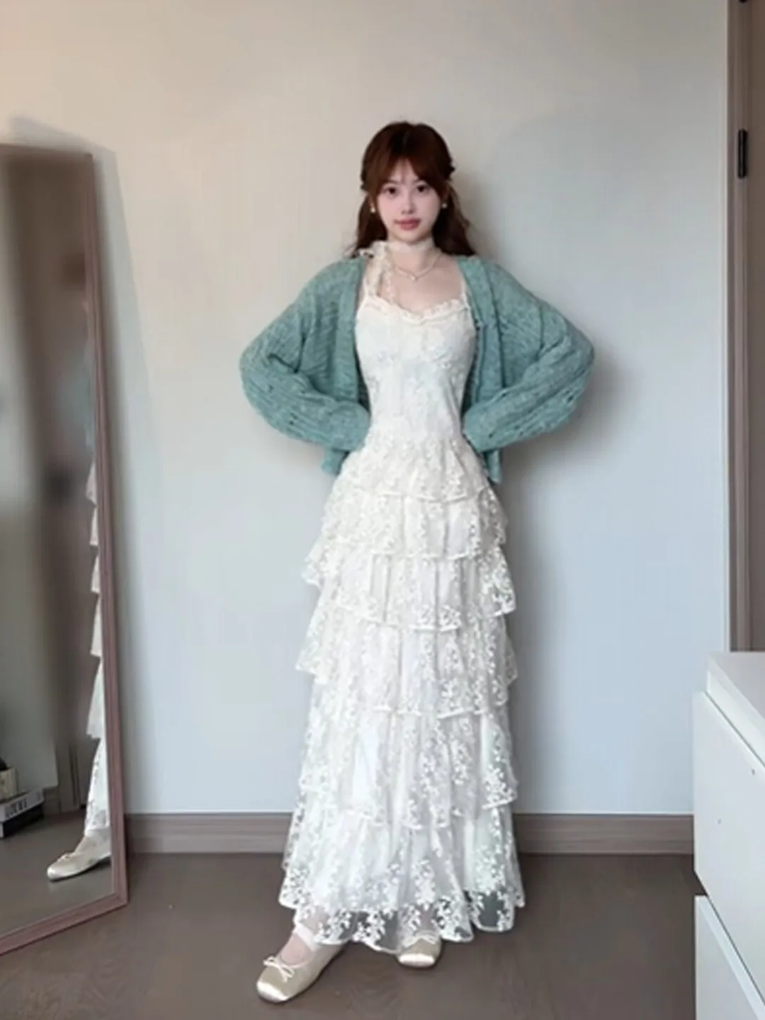 

Sweet Style Cardigan And Dress Set Puffy Skirt Long Sleeve Spring Season Women's Fashionable Unique Two-Piece Outfit for Vari...