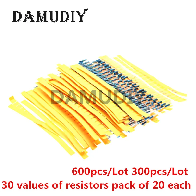 600pcs/Lot 300pcs/Lot 30 Values 1/4W Resistance 1% Metal Film Resistor Pack Assorted Kit 1K 10K 100K 1M 100 220 470 ohm