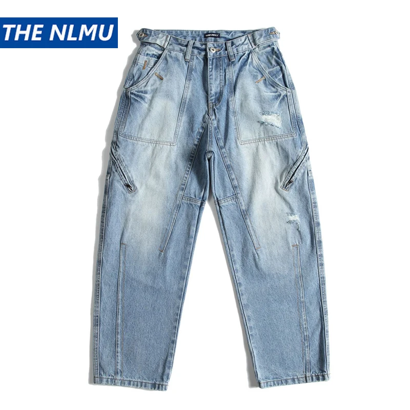 Vintage Washed Distressed Cargo Jeans for Men 2026 Spring Multi-Pocket Loose Fit Denim Workwear Pants Casual Streetwear