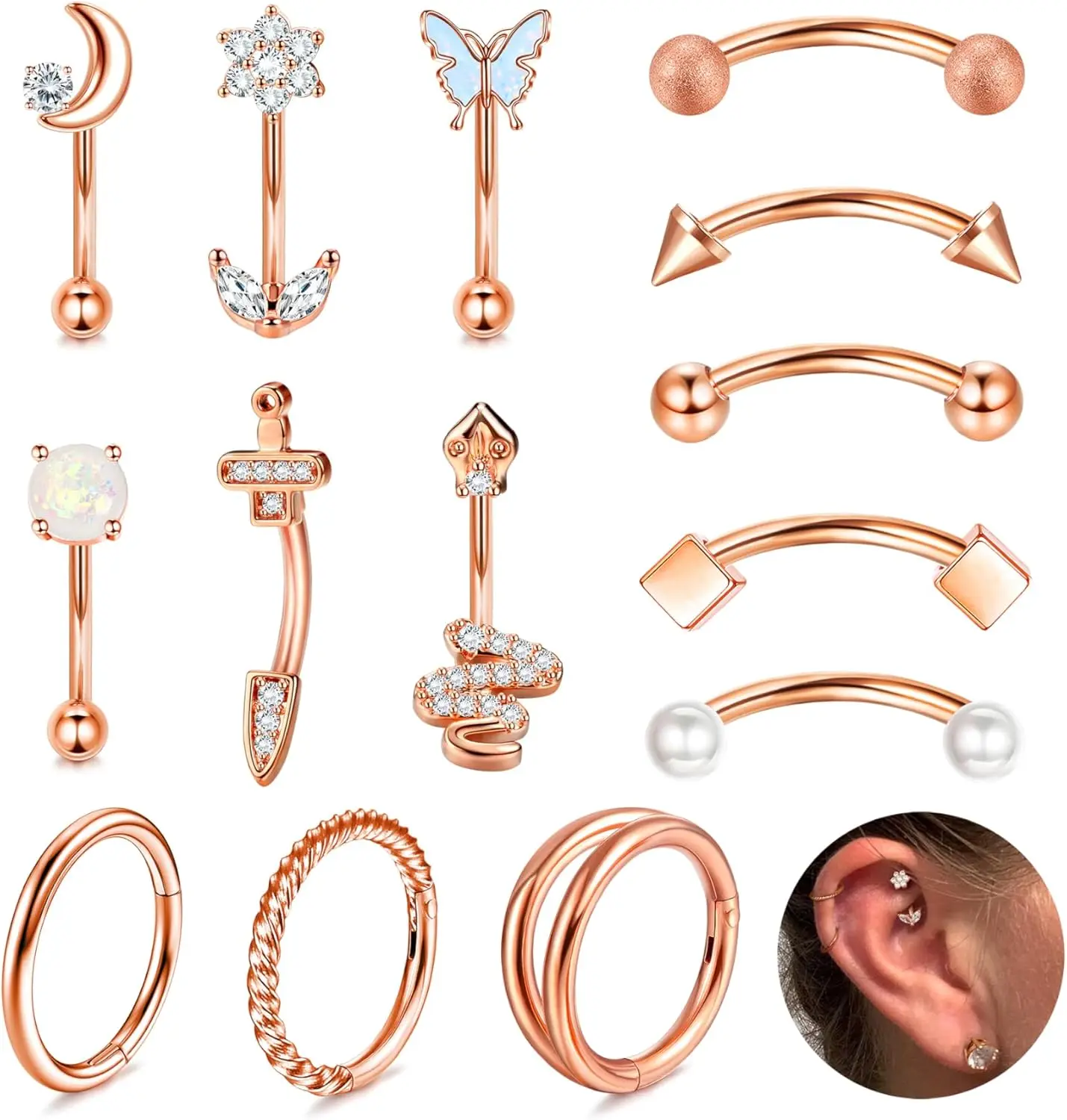 

Florideco 14 PCS Piercing Jewelry Surgical Steel Eyebrow Earrings for Women Belly Lip Ring Cartilage Daith Helix Body Piercings