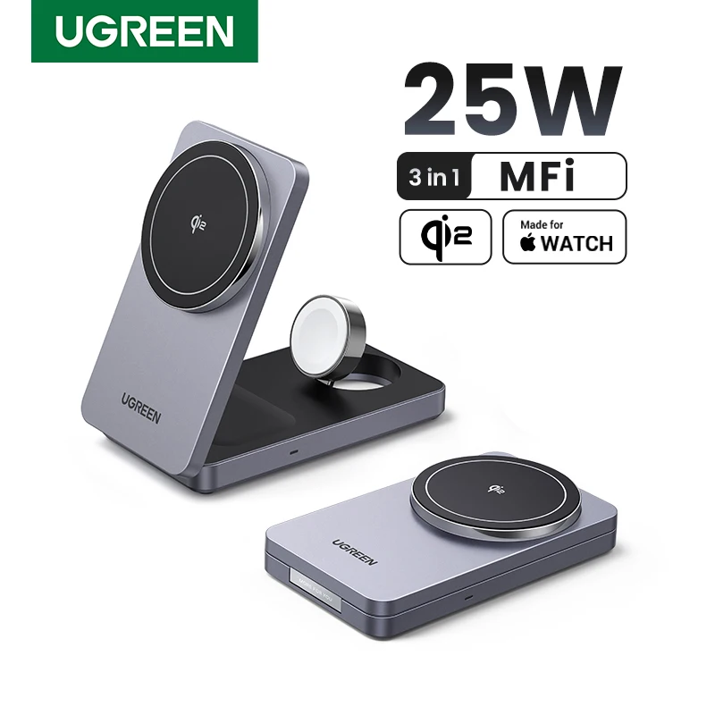 UGREEN MFi 3-w-1 15W MAX Magnetyczna Ładowarka Bezprzewodowa Qi2 Złącze Totalne 25W Do Ładowania iPhone 16 17 Pro Apple Watch Kompatybilna z MagSafe