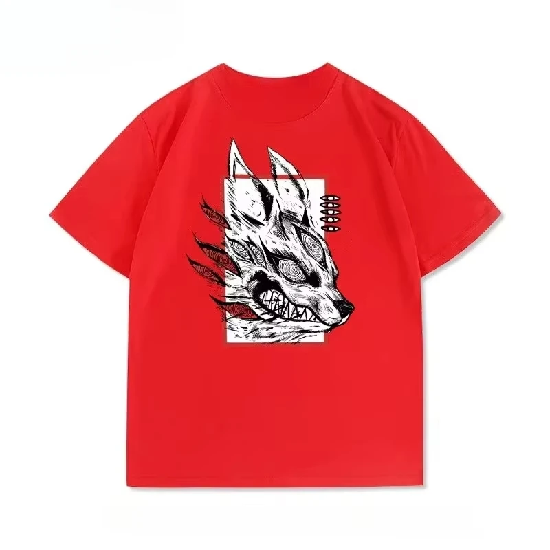 Camiseta unissex de anime motosserra, reinado de grandes dimensões, caçador de demônios, estampado, algodão pesado, respirável, manga curta