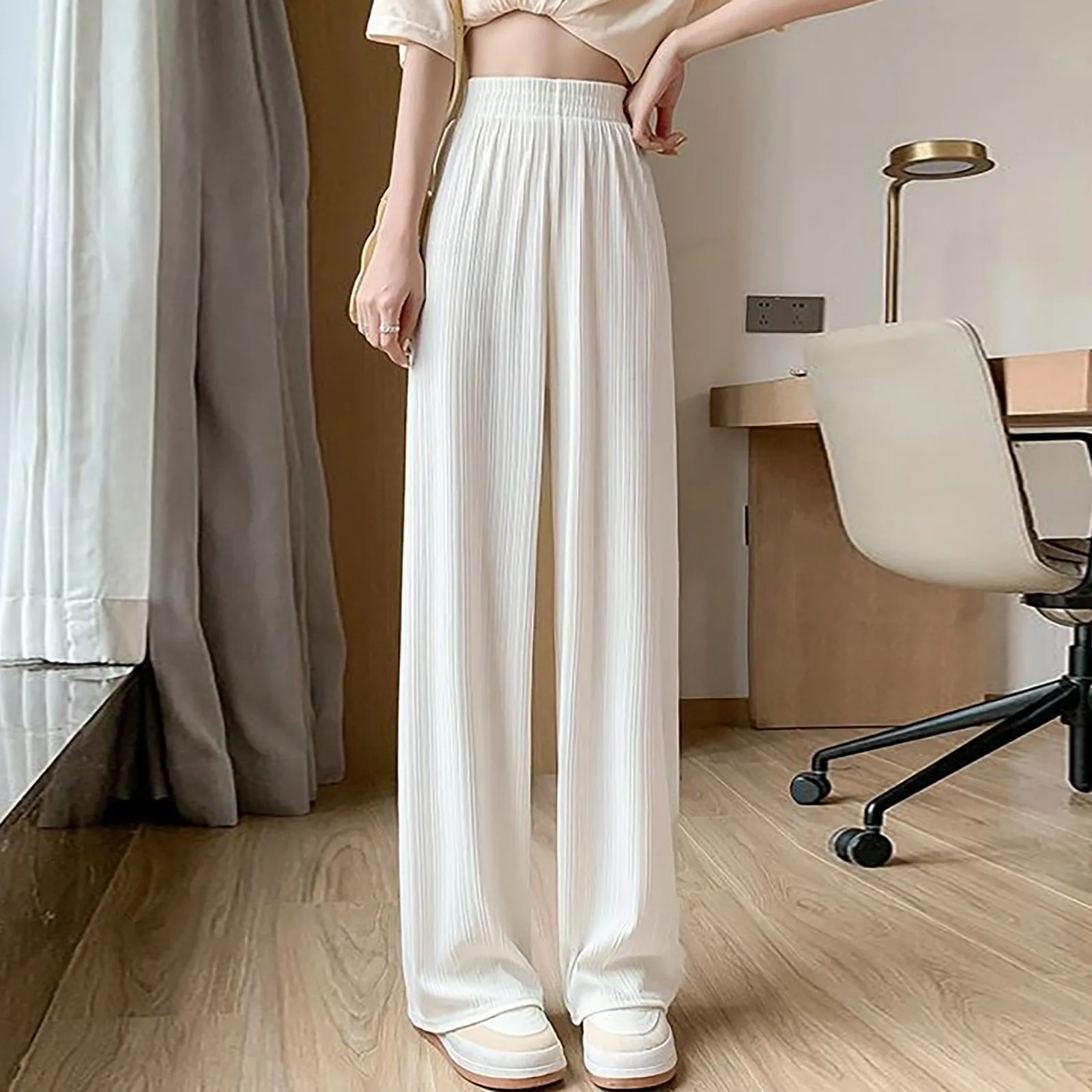 

New Women's Solid Color High Waisted Casual Long Pants Summer Loose Wide Leg Trousers Elastic Waist Fashion Simplicity Pants