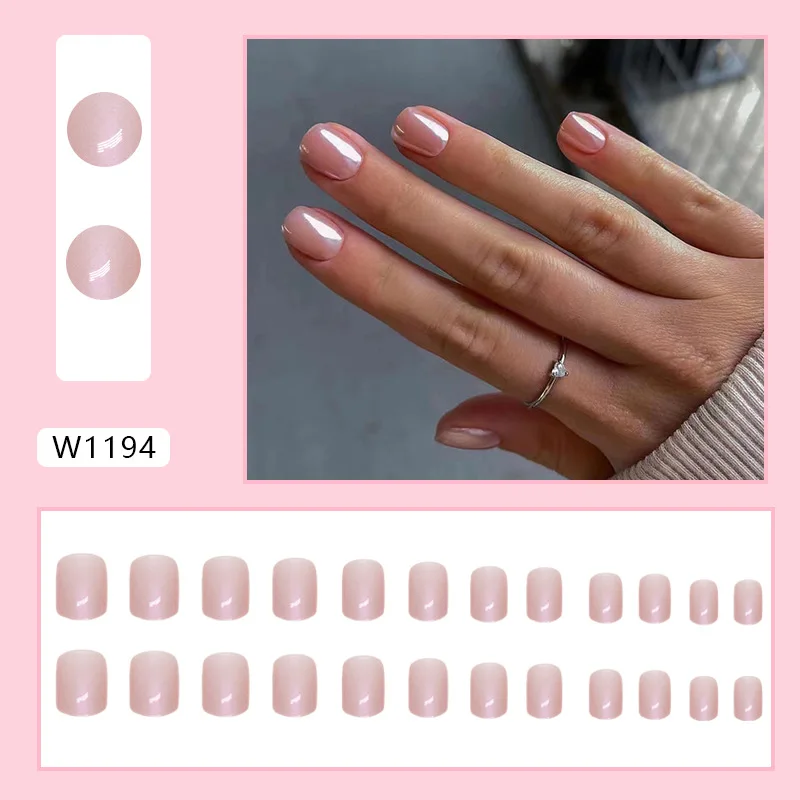 24pcs Short Aurora Pink Press on Acyrlic Nails for Gluing Summer Korean Acyrlic Artificial False Nails for Girls Nail with Tools