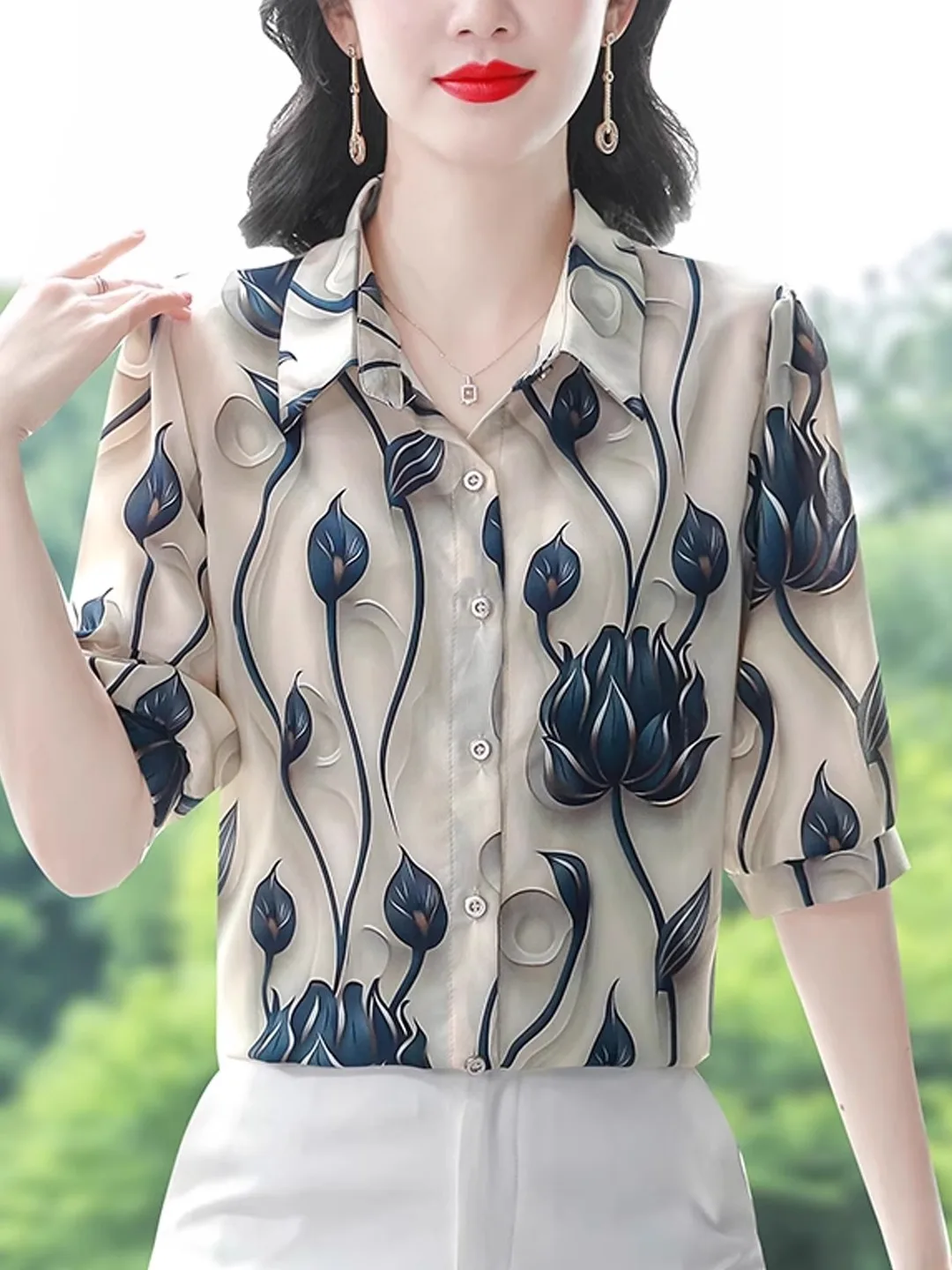 

Fenixuan Women's Printed Chiffon irt Single Button Midi Sve Loose Top Faionable Summer New Sle Anti-aging Korean V...