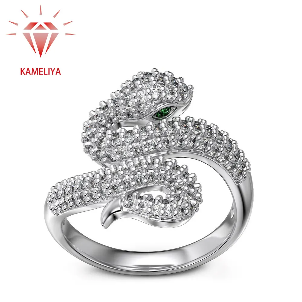 

KAMELIYA Eternity Snake Wedding Band 925 Sterling Silver Green Zircon Gemstone Snake Ring for Women 18K Gold Plated Fine Jewelry