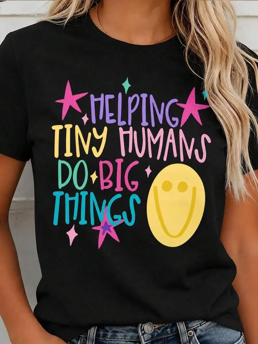 Helping Tiny Humans Do Big Things Cute Smile Face Star Graphic T‑Shirt, Women Casual Short Sleeve Round Neck Tops, Teacher Gift Cute Going‑Out Tees