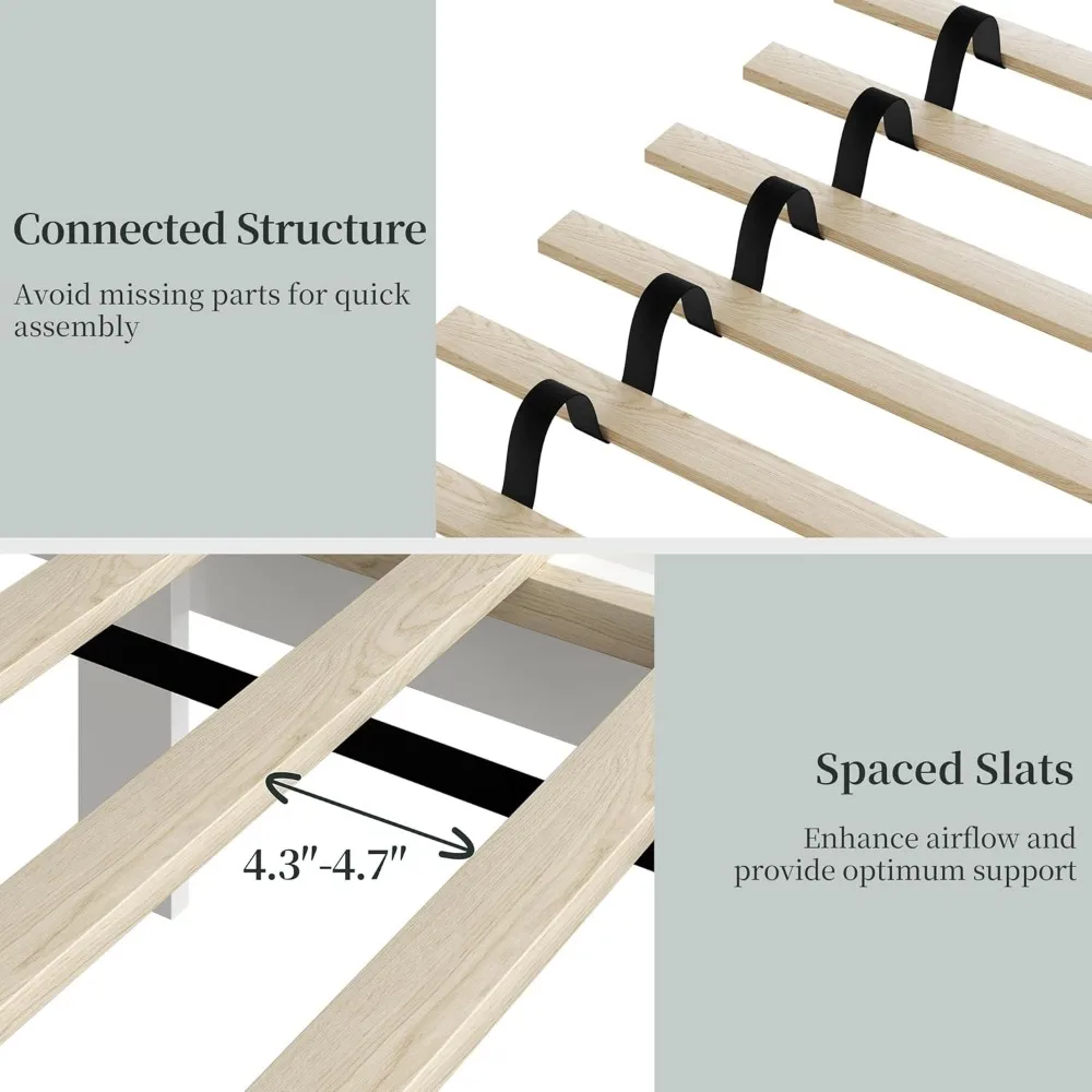 Yaheetech سرير خشبي كوين، إطار سرير بمنصة خشبية مطاطية بيضاء للمزرعة مع لوح رأسي مصمم على شكل حرف V، شرائح دعم خشبية قوية،