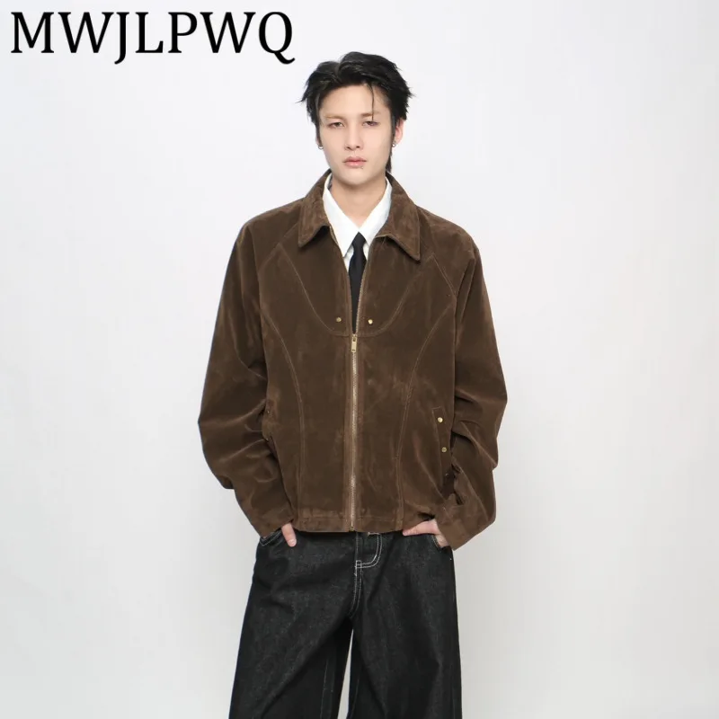 

MWJLPWQ American Street Style Deconstructed Patchwork Design Suede Lapel Jacket Men's Autumn Long Sleeve Retro Short Coat 21718