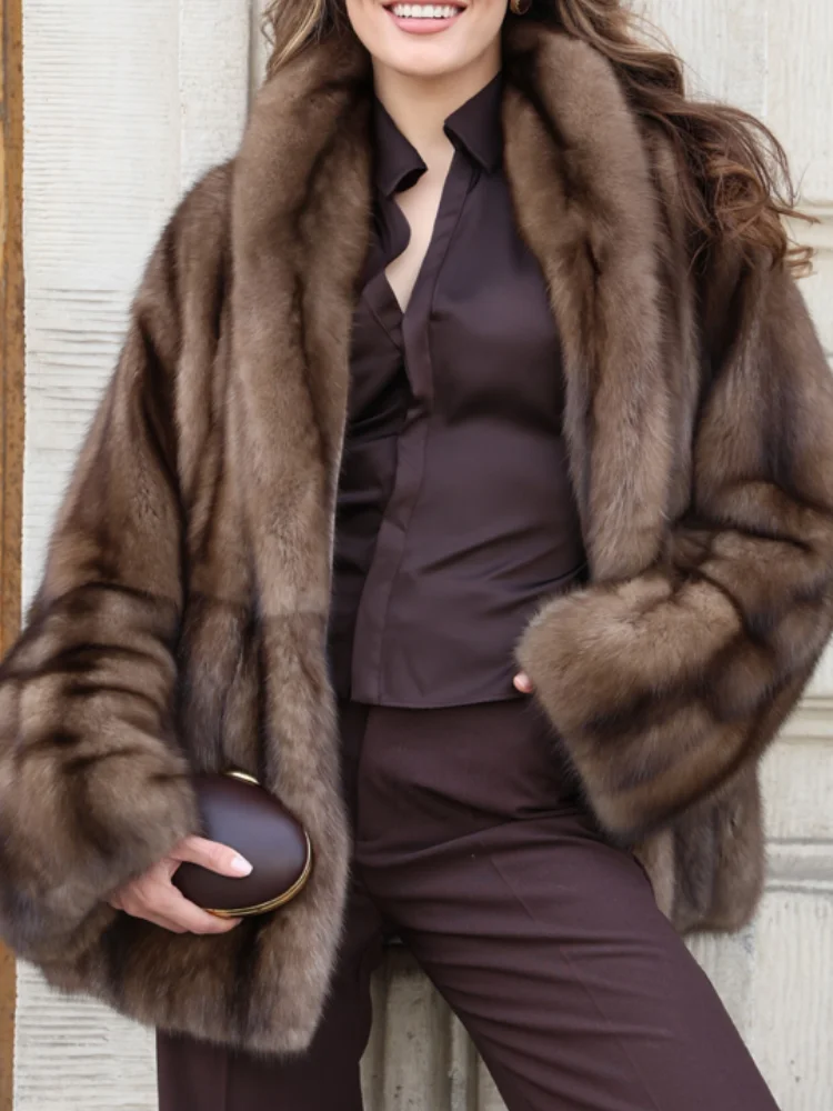 Women Faux Sable Fur Short Coat Wide Shawl Collar Open Front Loose Silhouette Long Sleeve Elegant Cold Season Winter Outerwear