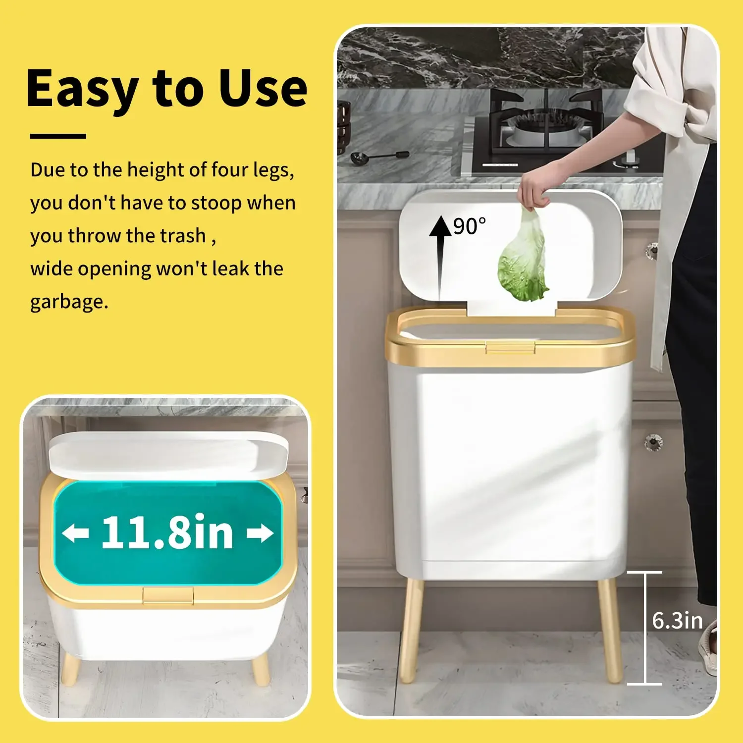 

15L Large-capacity Golden Luxury Trash Can for Kitchen Bathroom Creative High-foot Press Type Plastic Waste Bins with Lid Gift