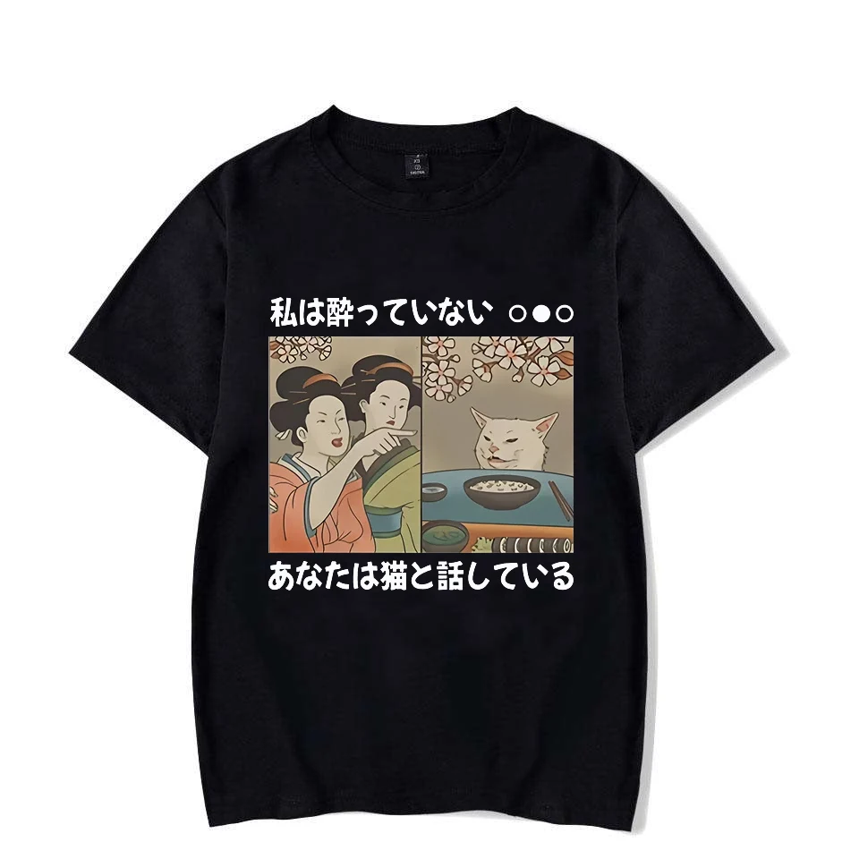 

2025 Japanese Style Cartoon Cat T-shirt Summer Harajuku Kawaii Cat Print Short Sleeved T-shirt Harajuku Y2K Top Retro Streetwear