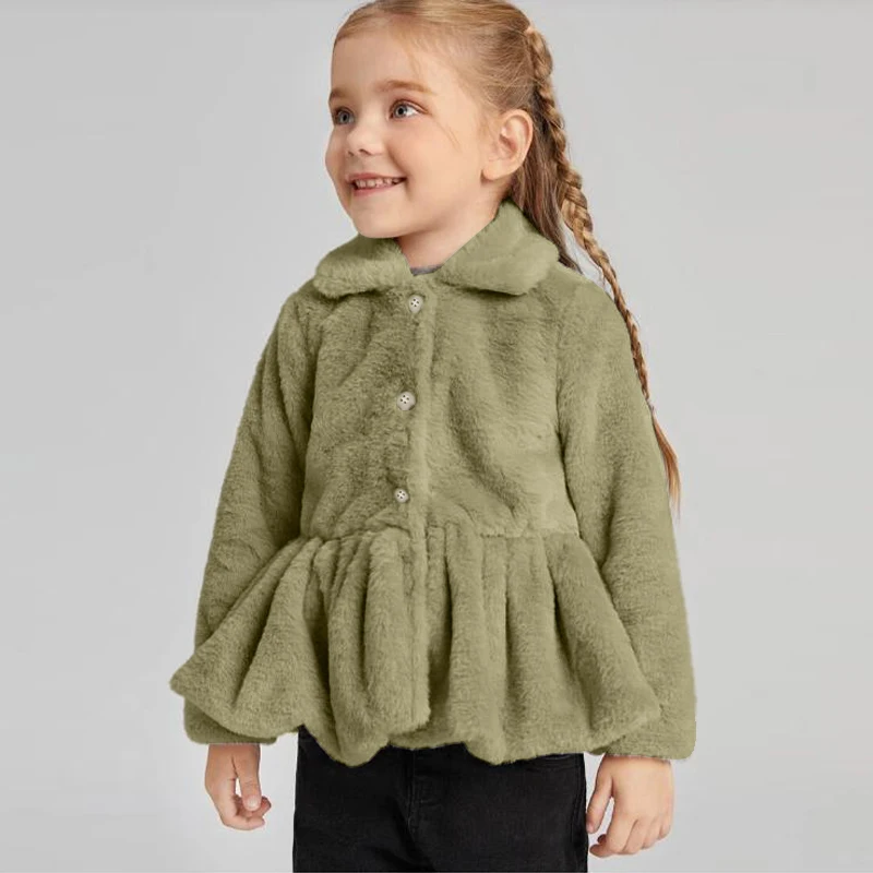

Winter New Girls' Faux Fur Coat French Vintage Lapel Collar Long-Sleeve Buttons Warm Jacket Kids Outerwear ropa de niño