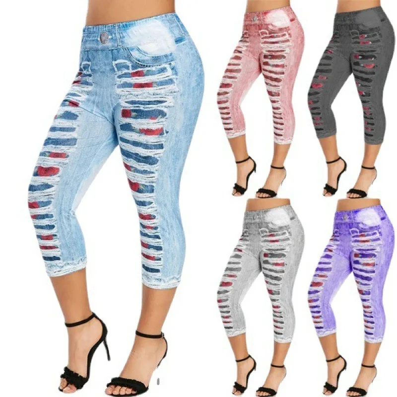 S-5XL New Sexy Hole Jean Leggings Women Casual High Waist Mid-calf Black Blue Yoga Fitness Sport Running Pants Roupas Femininas