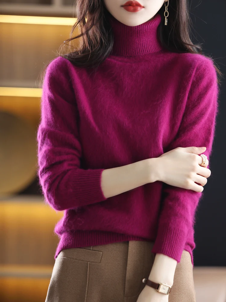 CHICUU Women Winter Turtleneck Pullover Sweater 100% Mink Cashmere Knitwear Thick Soft Warm Basic Clothing Korean Fashion Tops