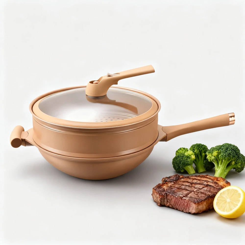 

Nonstick Clay Wok Frying Pan with Steamer Wear Resistant Die Cast Pan Multifunctional Rapid Heat Conduction Kitchen Wok