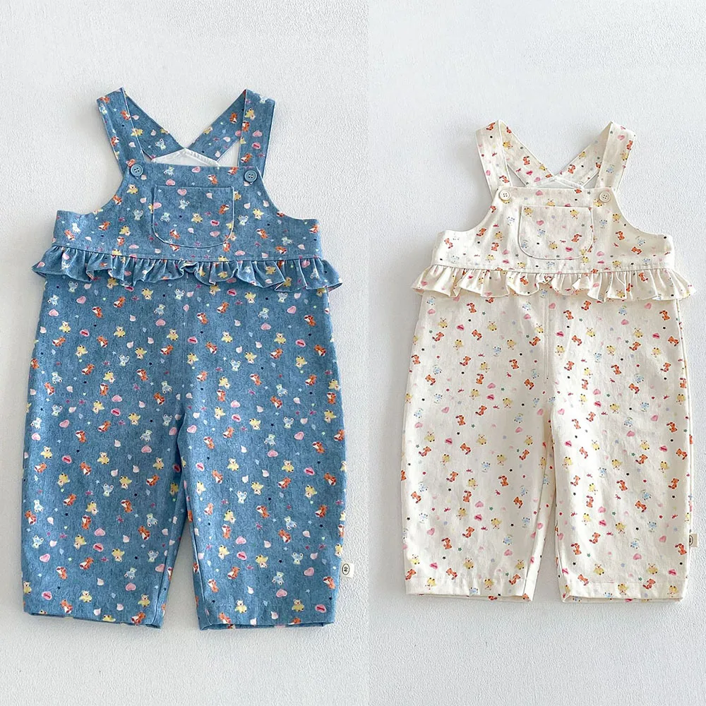 Kids Cartoon Print Suspender Pants 2026 Autumn New Toddler Girls Lace Decor Strap Overalls Soft Casual Children Trousers
