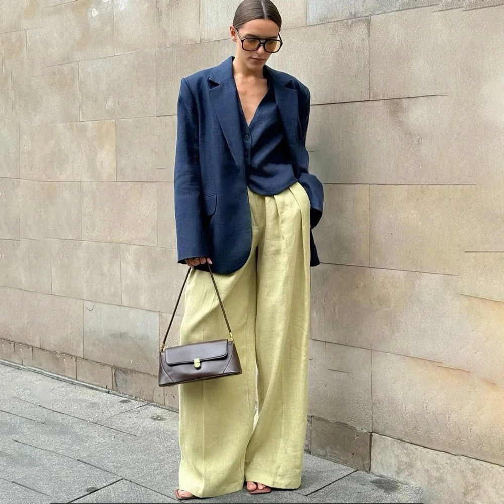 

Casual Women's Suits Linen Three Pieces Pant Sets Single Button Notch Lapel Blazer+Vest+Trousers Lightweight Daily Streetwear