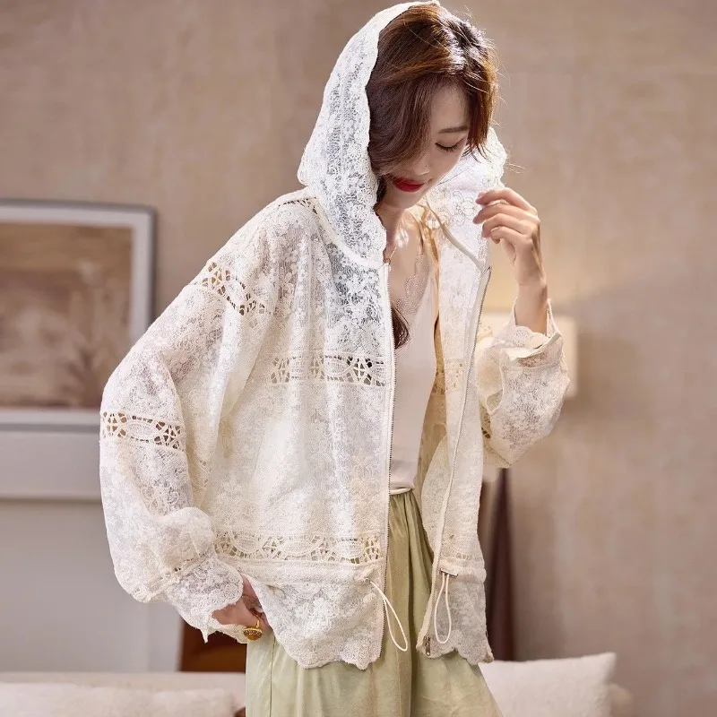 Europe America Y2k Sexy White Long-sleeved Short Lace Shirt Crop Top Female Summer Lazy Loose Chic Smock Shawl Mesh Blouse Goth