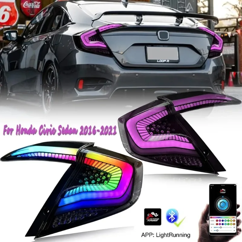 

For Honda Civic 2016-2021 LED Tail Lights Pair, RGB Dynamic Sequential Rear Lamps with Black Housing