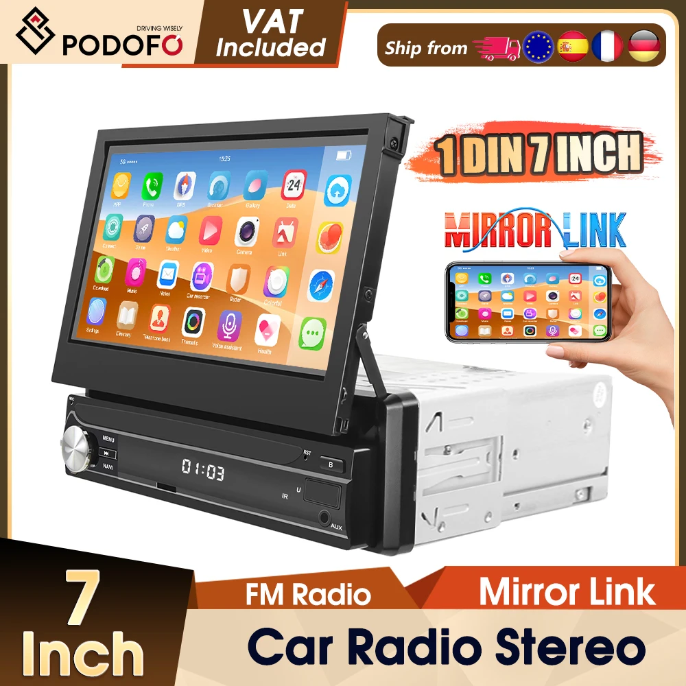 Podofo 7 Zoll 1-DIN-Autoradio MP5-Multimedia-Player HD ausfahrbarer Touchscreen Bluetooth Autoradio USB EQ FM AUX MirrorLink
