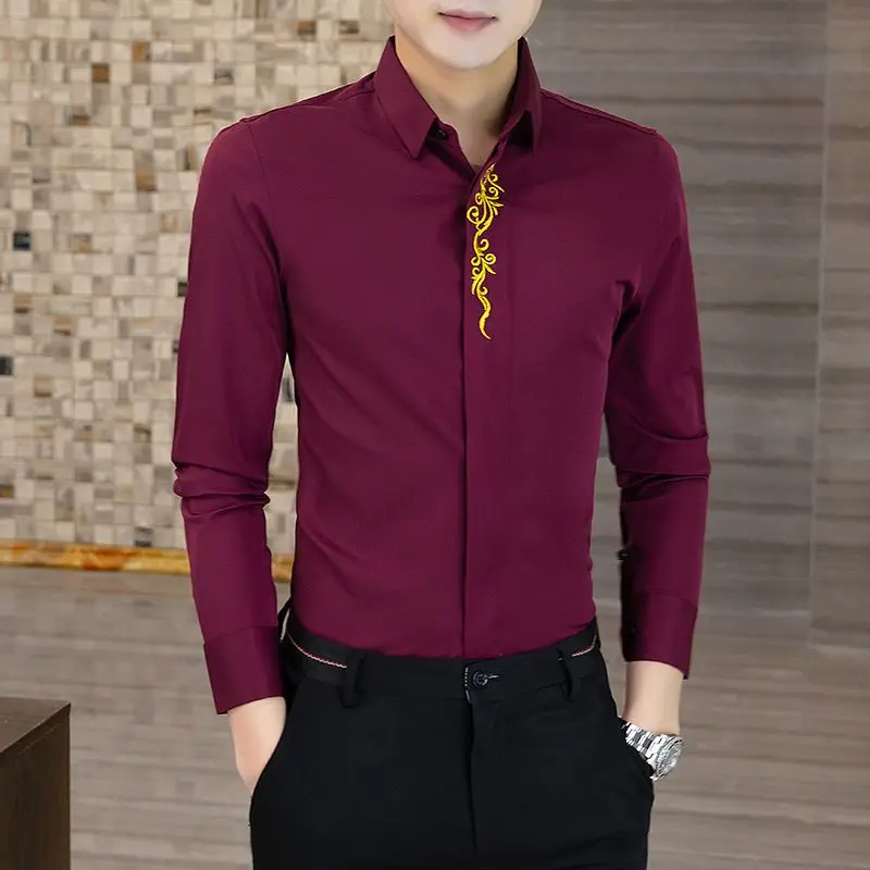 Men\'s Shirts Long Sleeve Embroidery Fashion Korean Slim Fit Trendy White High Quality Social Henley Man Casual Dress Shirt Black