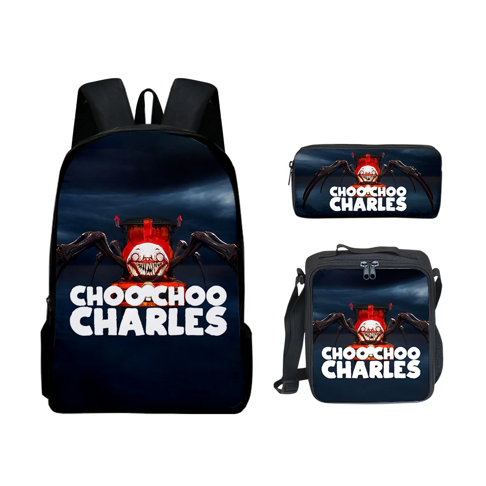 Hip Hop juvenil Choo-Choo Charles impresión 3D 3 unids/set bolsas de viaje para estudiantes mochila para ordenador portátil bolsa de almuerzo estuche para lápices