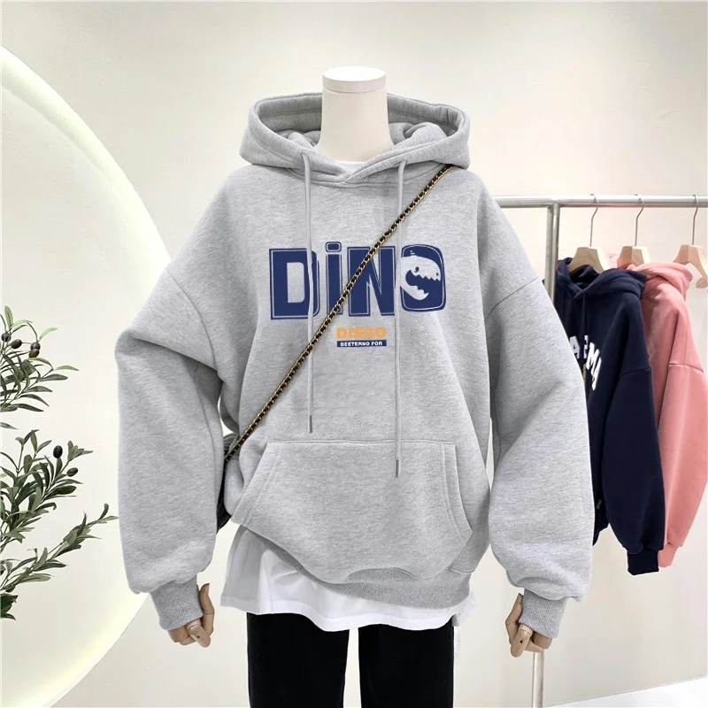 Women's Oversized Hoodie Sweatshirt Korean Style Autumn Winter Fleece Lined Pull over Print Long Sleeve Loose Fit Jacket