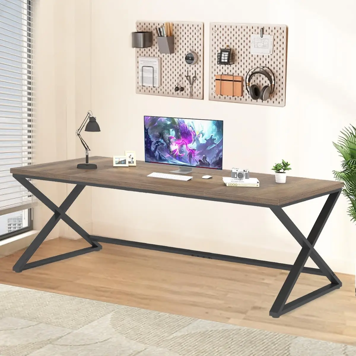 IBF Wood Large Computer Desk, 70.8” Long Home Office Desk for Two Person, Farmhouse Work Study Writing Table in Bedroom, Simple