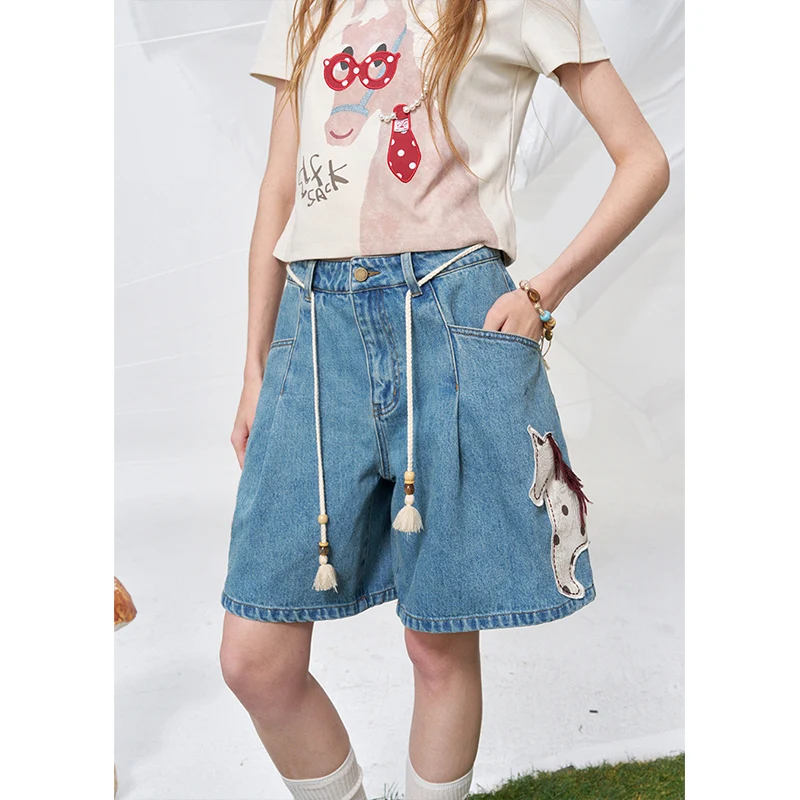 ELFSACK Horse Patch Denim Shorts, High Waist Wide Leg Baggy Jeans with Tassel Drawstring, Casual Loose Vintage Summer Outfit