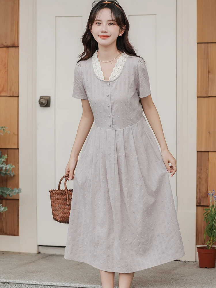 

Summer Solid Cotton Jacquard Chic Lace V-Neck Midi Dress Women Elegant Casual Home Dress 2025 Korean Fashion Bodycon Party Dress