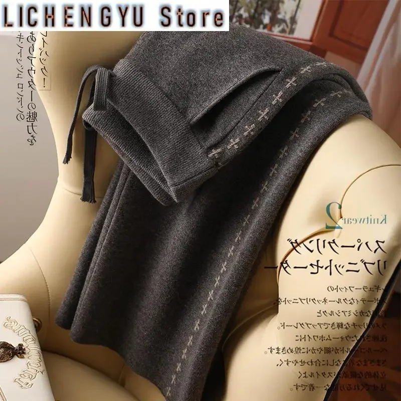 New High Quality Woollen Trousers Women's Fashionable All-Match Simple Thickened Wool Knitted Straight Wide-Leg Pants
