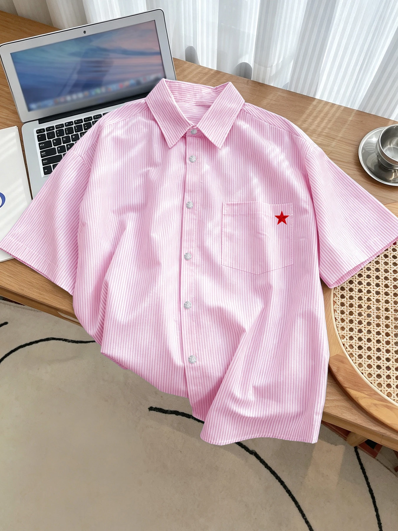 Korean-Style Trendy Men's Summer New Collection: Design-Inspired Fun Five-Star Print Short-Sleeve Striped Shirt