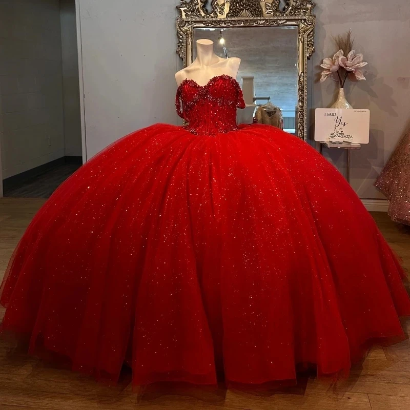 

Red Shiny Sweetheart Quinceanera Dress Off The Shoulder Rhinestones Beads Crystal Bow Tull Lace Up Closure Vestidos 15De XV Anos