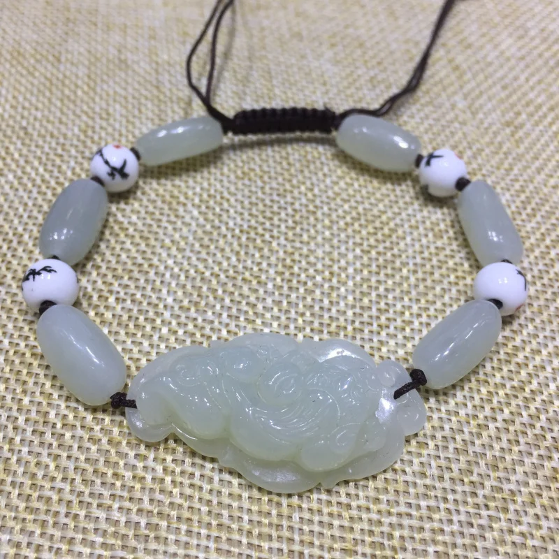 Hotan , White Jade Men and Women, Leaf Pixiu Bracelet