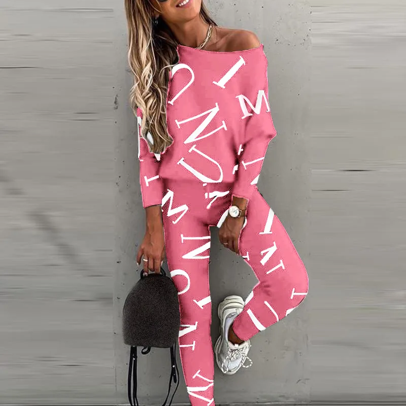 Spring New Style of Europe and the United States Women\'s Letters Printed Long-sleeved Trousers Casual Suit