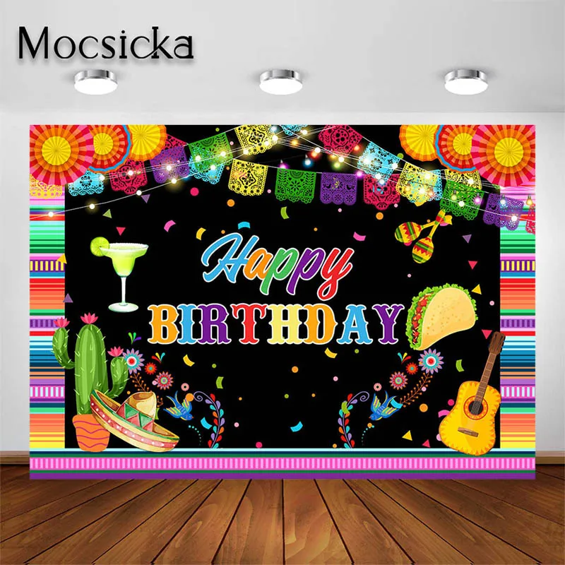 

Mocsicka Birthday Backdrop Mexican Cactus Kids Happy Birthday Party Decoration Fiesta Guitar Photography Background Props Banner