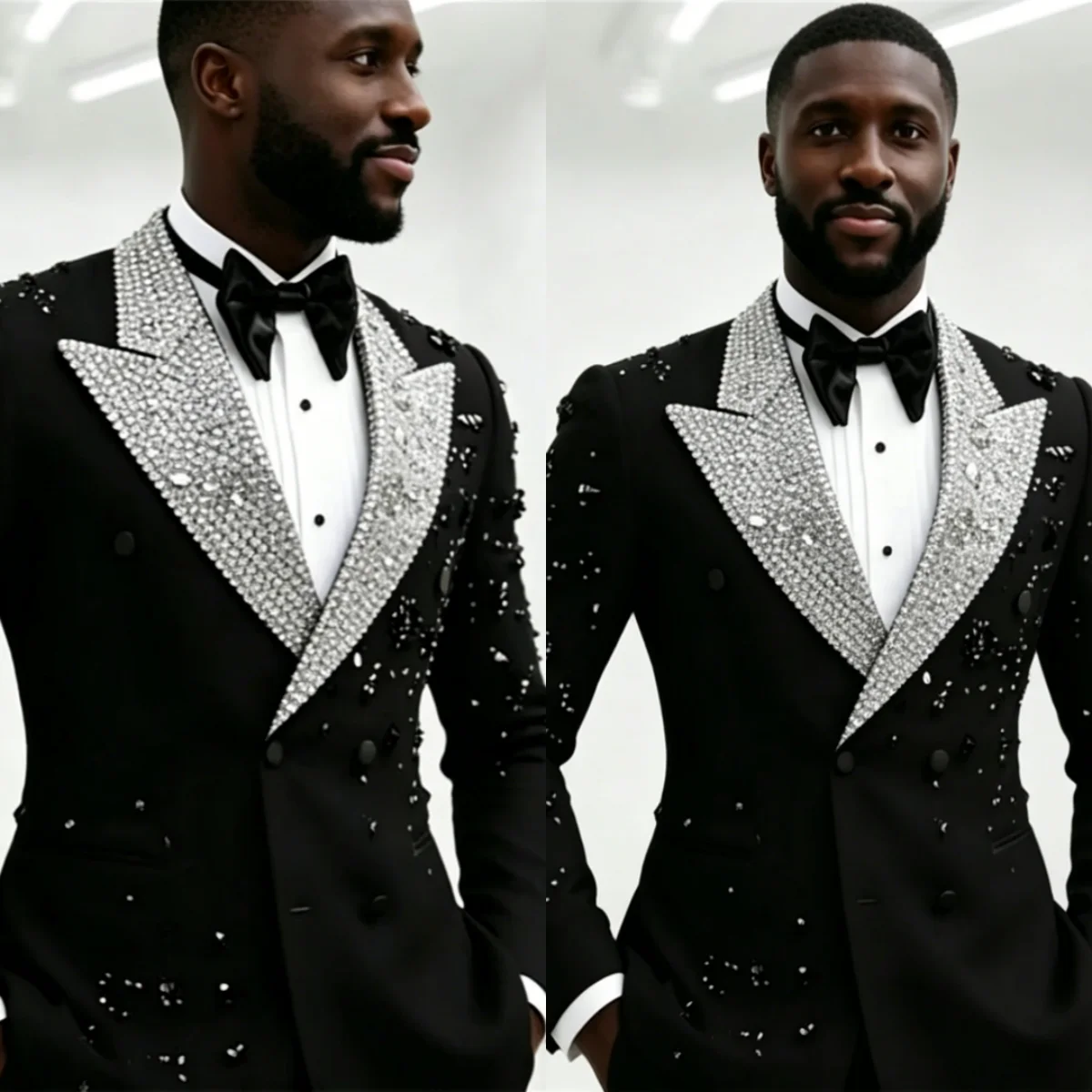 

Glitter Crystals Men Suits Double Breasted Peaked Lapel Prom Blazers Customized 2 Piece Set Costume Homme Groom Wedding Tuxedo