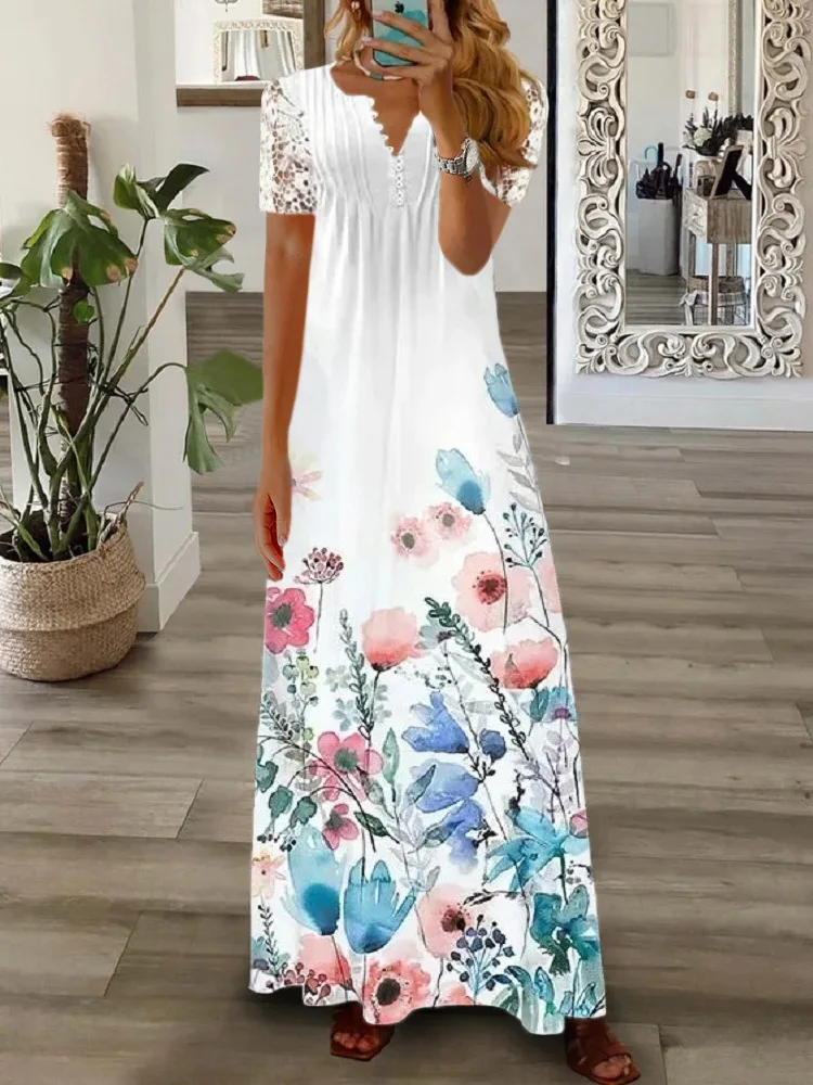 2024 Spring/Summer New Long Dress Elegant Bubble Sleeve Lace A-line Dresses Casual Printed Holiday Women\'s Pullover Vestidos