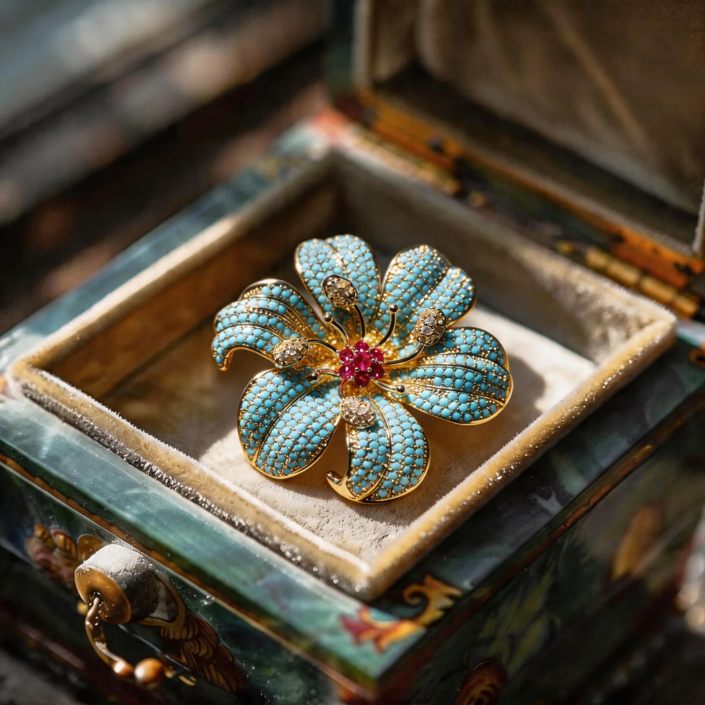 High-end Vintage Turquoise Blue Floral Brooch, Luxurious Evening Dress Corsage, Mother's Day Gift