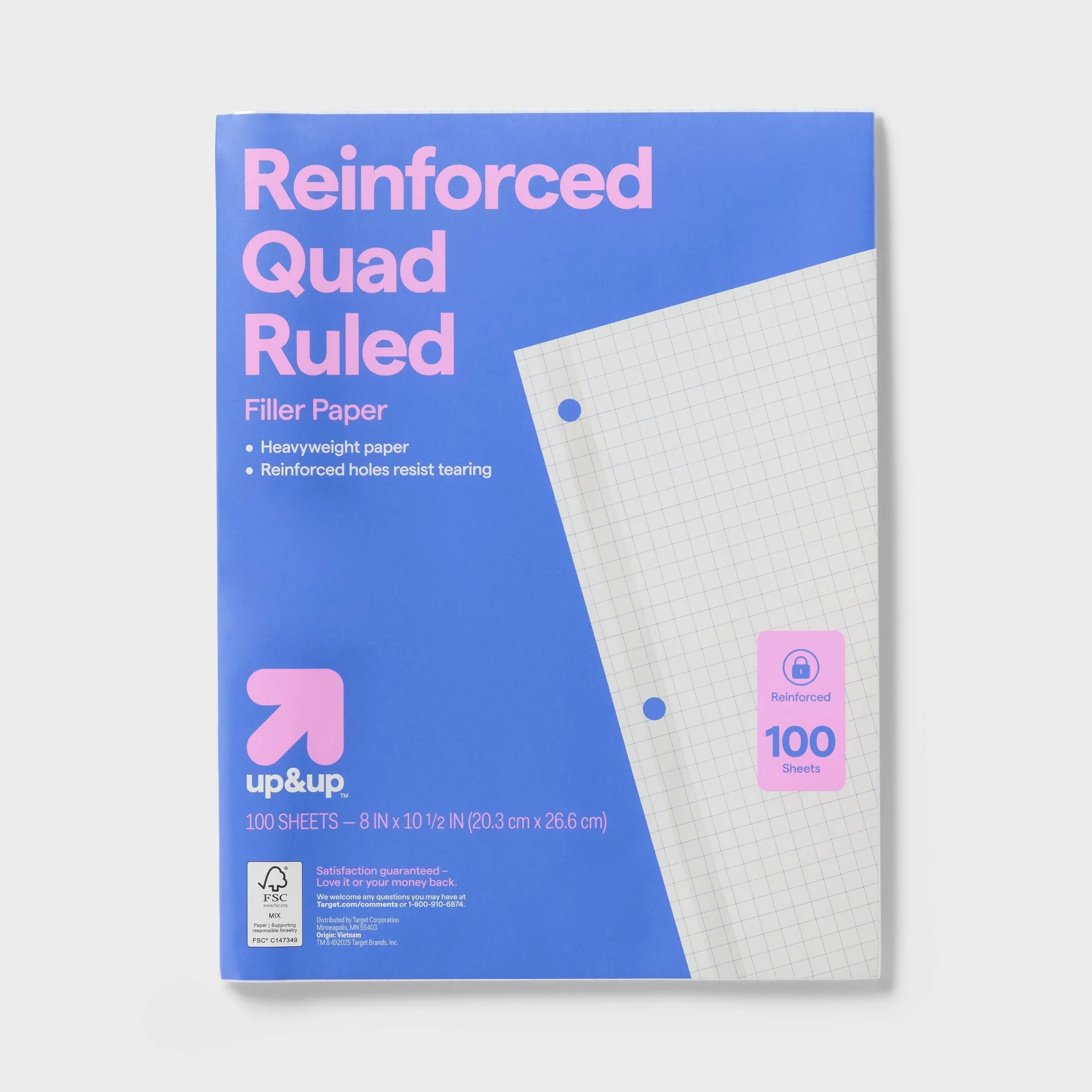 100ct 4"x4" Quad Ruled Notebook Filler Paper Reinforced: Quadrille Ruled, White, 20 lb, Loose Leaf, 100 Sheets