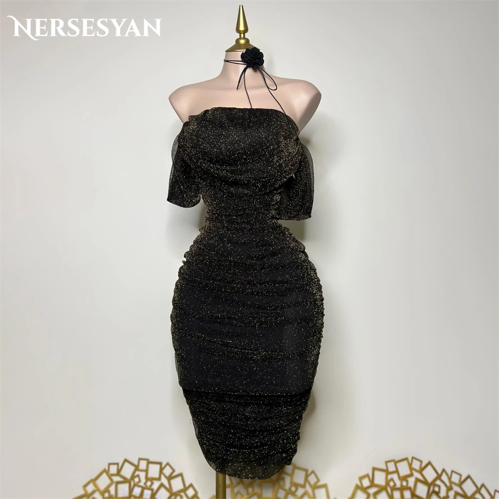 

Nersesyan Glitter Elegant Black Formal Evening Dresses Pleats Off Shoulder Bodycon Prom Dress Backless Sleeveless Party Gowns