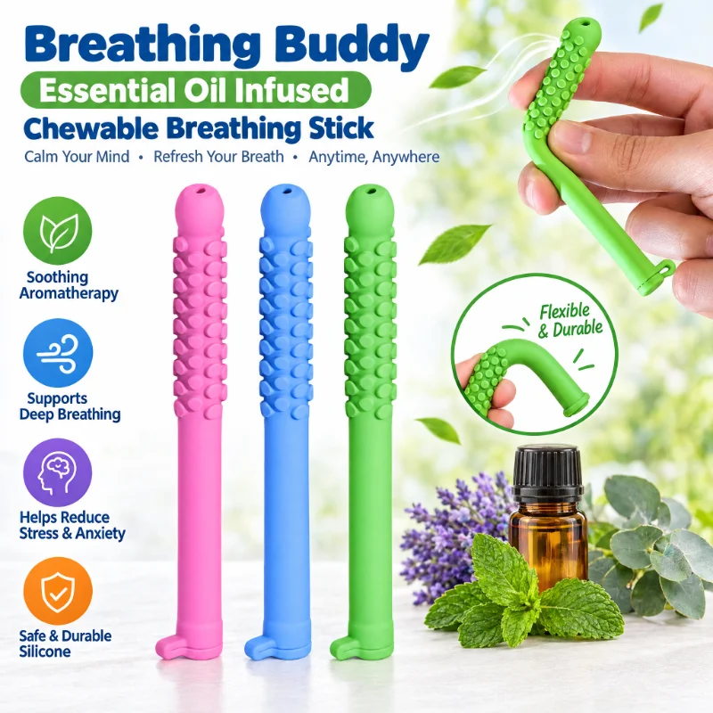 Stress Relief Silicone Chew Stick Essential Oil Breather Portable Aromatherapy Breathable Replaceable Cotton Wick for Relaxation