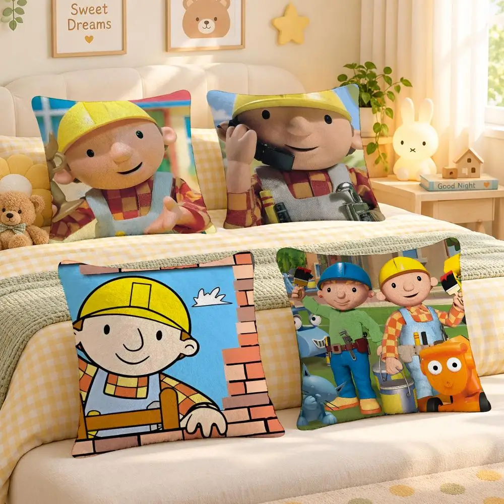 Cartoon Bob Builder Kids Style Cushion Cover Personalized Soft Plush Pillow Living Room Home Sofa Bedroom Office Car Cushion
