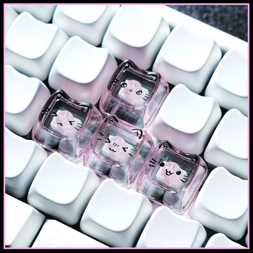 MAIMOOO Sweet Cool Cat Keycap 39 Keys MAO Cute Cat Head Key Caps PC Transparent Heart-shaped Keycaps for DIY Mechanical Keyboard