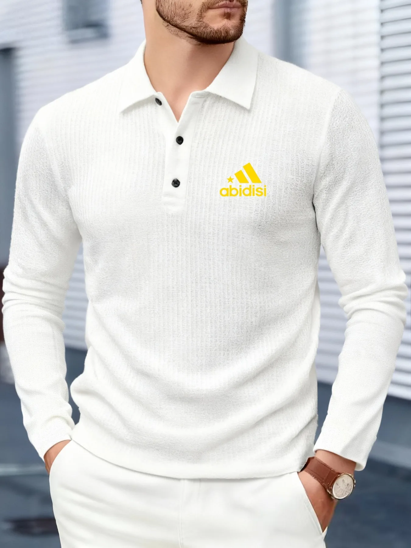 Men's long sleeved waffle knit polo shirt, casual loose texture pullover, uniform color, spring and autumn street style clothing