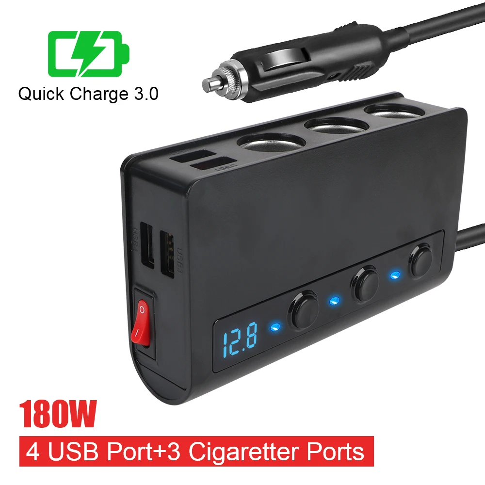 

3.0 Car Charger Adapter Cigarette Lighter Splitter For Phone IPad 180W 12V 24V 4 Port USB Charging Socket Quick Charge