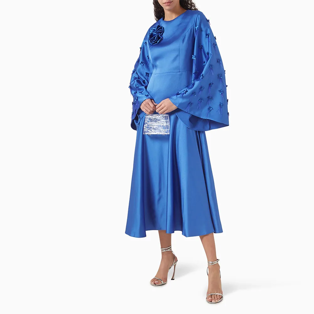 

Custom Prom Dress O Neck Evening Dress Flare Sleeves Flowers Feather Formal Wedding Party Dress Tea Length A Line Saudi Gown