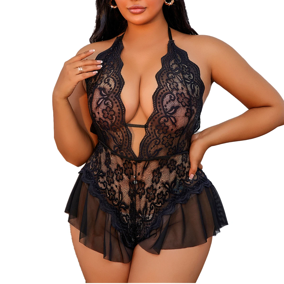 1-4XL Plus Size Ultra-sexy Backless Deep V Erotic Lingerie Women Lace Open Bra Crotchless Sleeping Red Adult Underwear One Piece